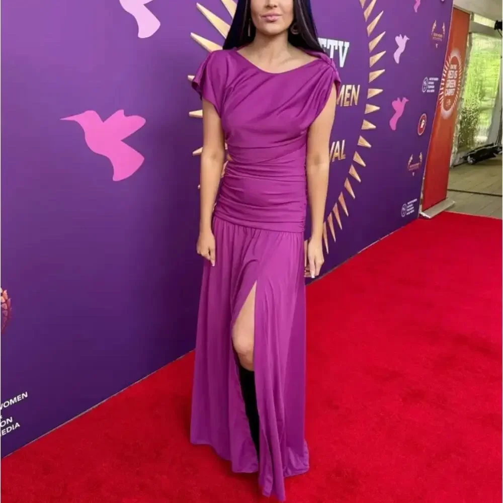 Tanya Taylor Magenta Ruched Gown SIZE 4 Cut Out Asymmetric Slit Designer $600 - Picture 11 of 12